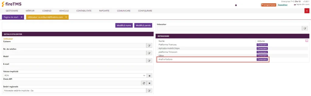 Vedere a fireTMS - setarea de integrare ANAF