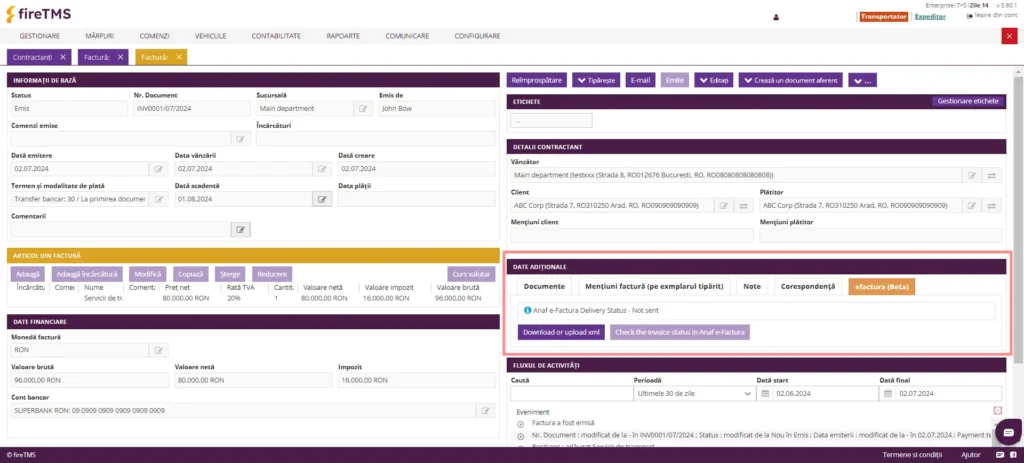 Vizualizarea comenzilor în fireTMS - componentă familiarizată pentru trimiterea facturilor electronice către ANAF