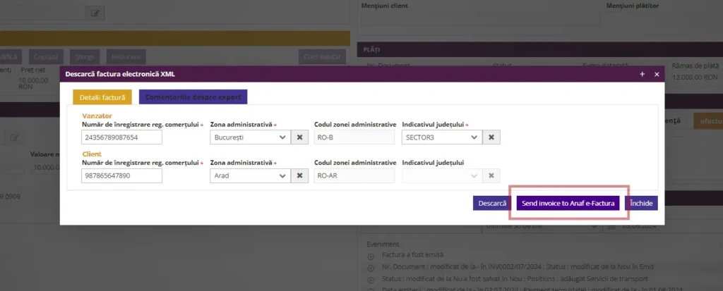 Vizualizați butonul cu care trimiteți o factură electronică la ANAF