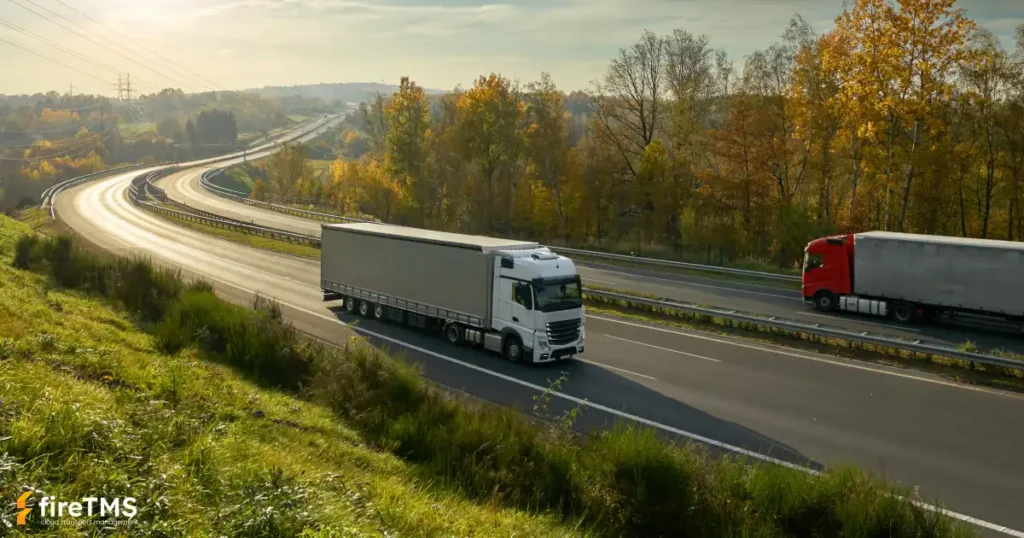 Ciężarówki w trasie na autostradzie poza miastem