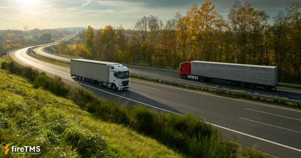 Samochody ciężarowe mijające się na autostradzie w jesienny dzień