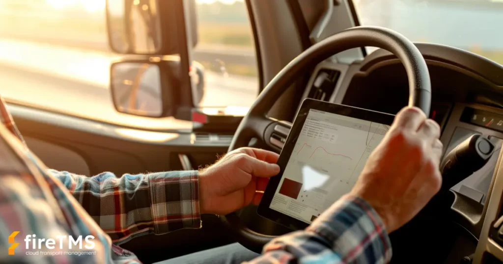 Kierowca w trasie obsługujący tablet z systemem zarządzania transportem