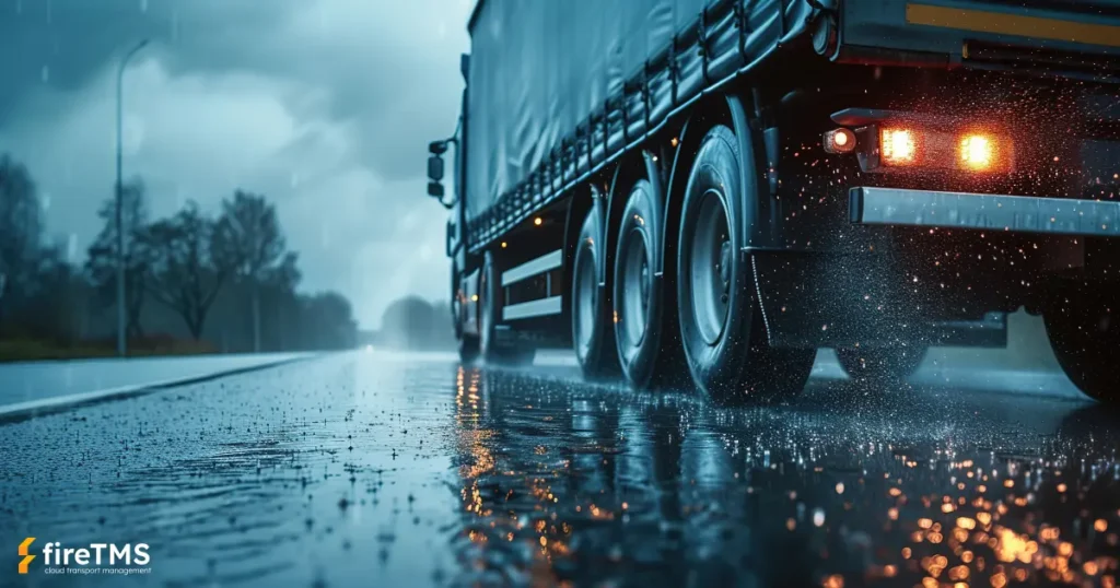 Zestaw transportowy jadący drogą w deszczowy dzień