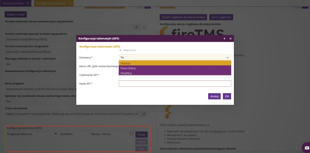 Konfiguracja telematyki Floatman w fireTMS