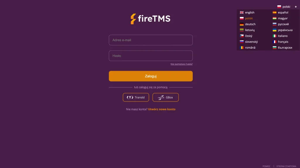 Widok rozwijanej listy wersji językowych w systemie na ekranie logowania do fireTMS
