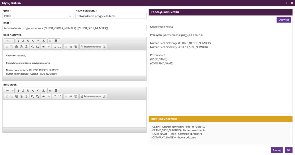 Widok szablonu wiadomości e-mail z potwierdzeniem przyjęcia zlecenia w fireTMS