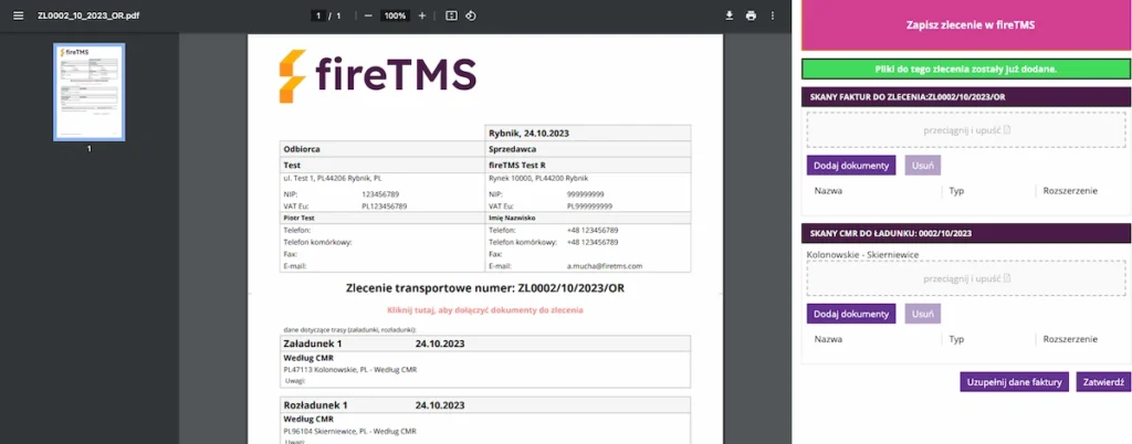 Widok wydruku zlecenia spedycyjnego w Portalu przewoźnika w fireTMS