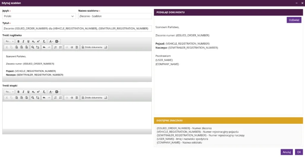 Edycja szablonów e-maili w fireTMS