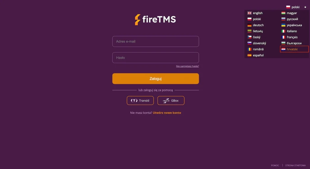 Ekran logowania z chorwacką wersją systemu fireTMS