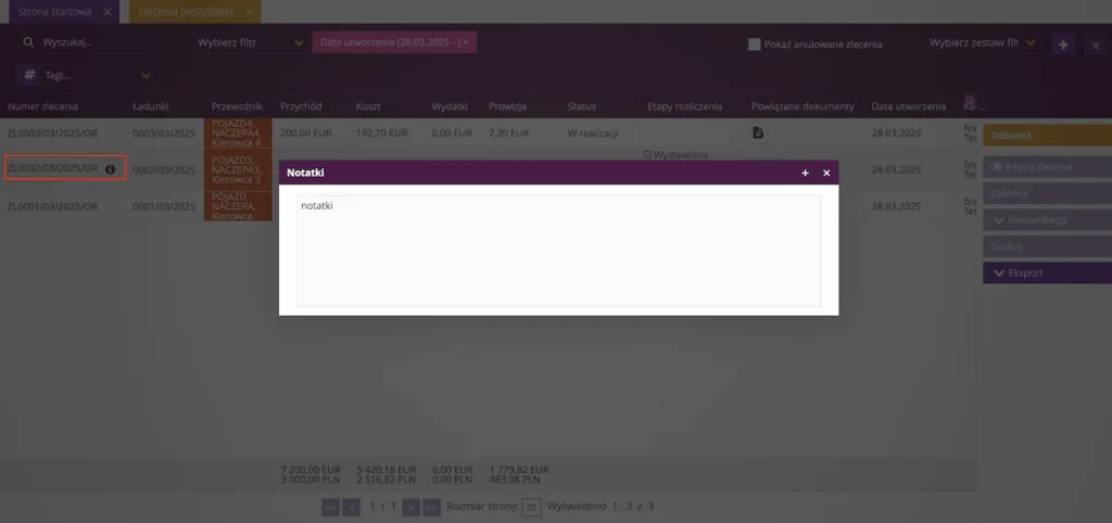 Ekran z widokiem zleceń w fireTMS z otwartym oknem notatek do zlecenia