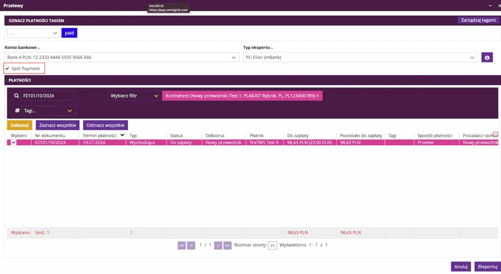 Obsługa split payment przy płatnościach do mBanku w fireTMS
