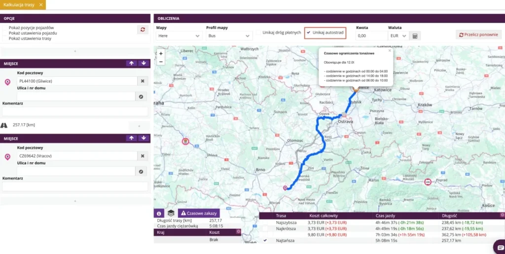 System fireTMS z funkcją wyznaczania tras i ustawioną opcją "Unikaj autostrad"