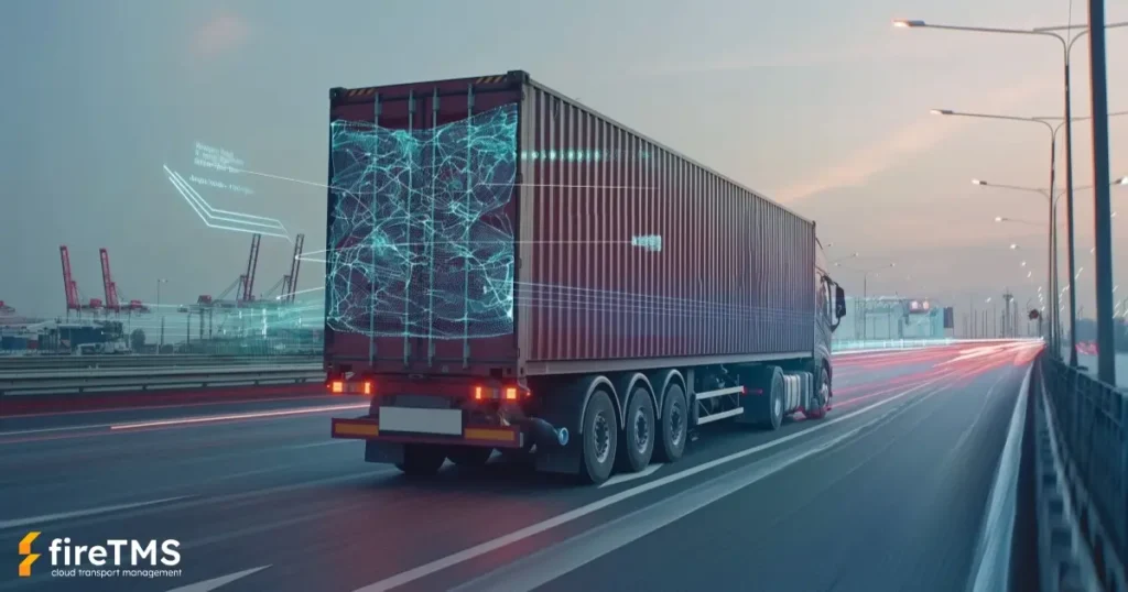 Darstellung der Idee einer Künstlichen Intelligenz, die TMS-Systeme unterstützt, sowie ein Datendiagramm auf einem von einem Lkw transportierten Container