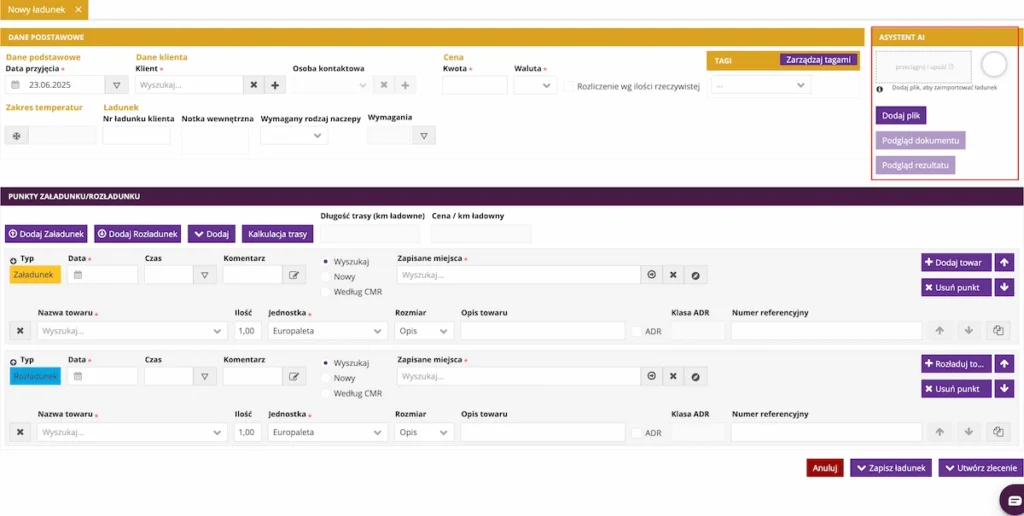 Zrzut ekranu systemu fireTMS: możliwość dodawania plików do asystenta AI przez wybór z dysku