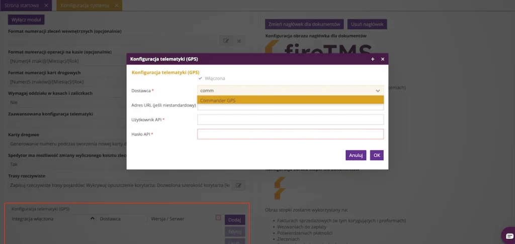 Zrzut z systemu fireTMS: integracja z Commander GPS