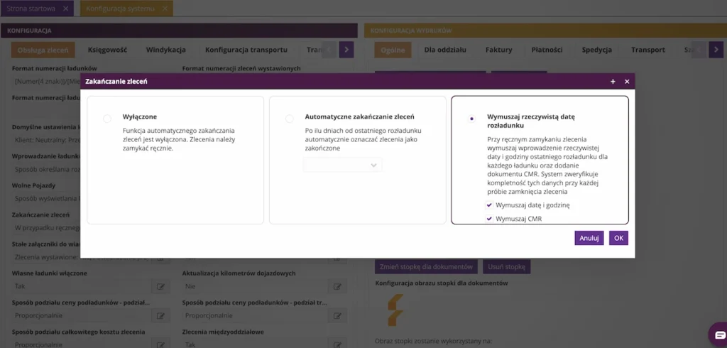 Zrzut ekranu z systemu fireTMS: ustawienie wymuszania daty i godziny przy kończeniu zleceń