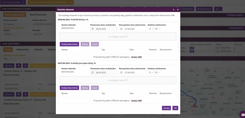 Zrzut z systemu fireTMS: rzeczywista data zakończenia zlecenia