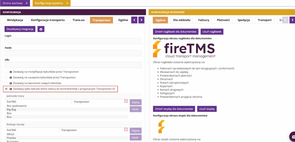 Zrzut z systemu fireTMS: konfiguracja dodawania ładunków tylko od klientów z Transporeon ID