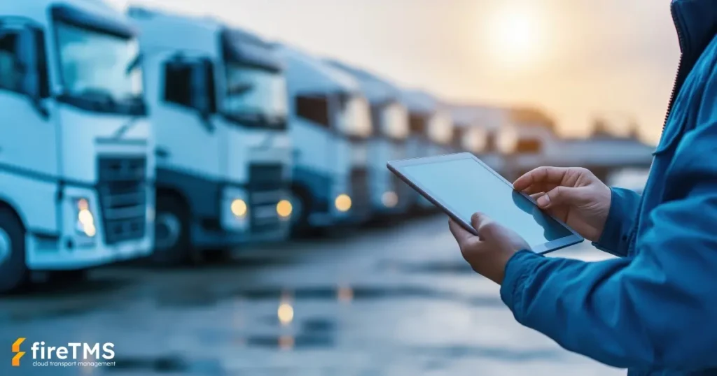 Dyspozytor zarządza zleceniami transportowymi, stojąc na placu pełnym samochodów ciężąrowych