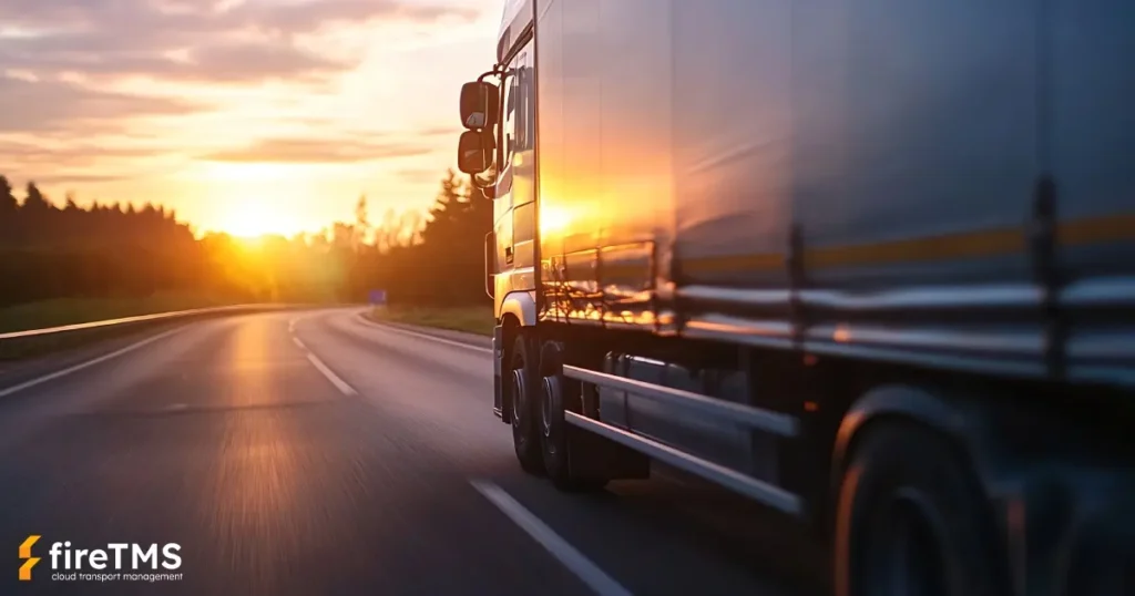 Samochód ciężarowy realizujący zlecenie transportowe jedzie drogą ku zachodzącemu słońcu