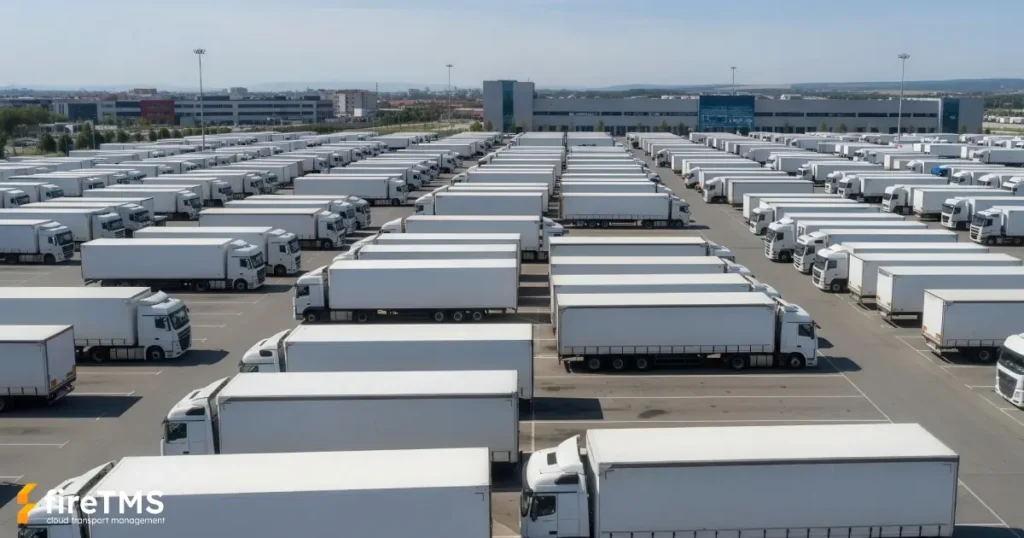Duży hub logistyczny z placem postojowym, na którym stoi wiele pojazdów ciężarowych