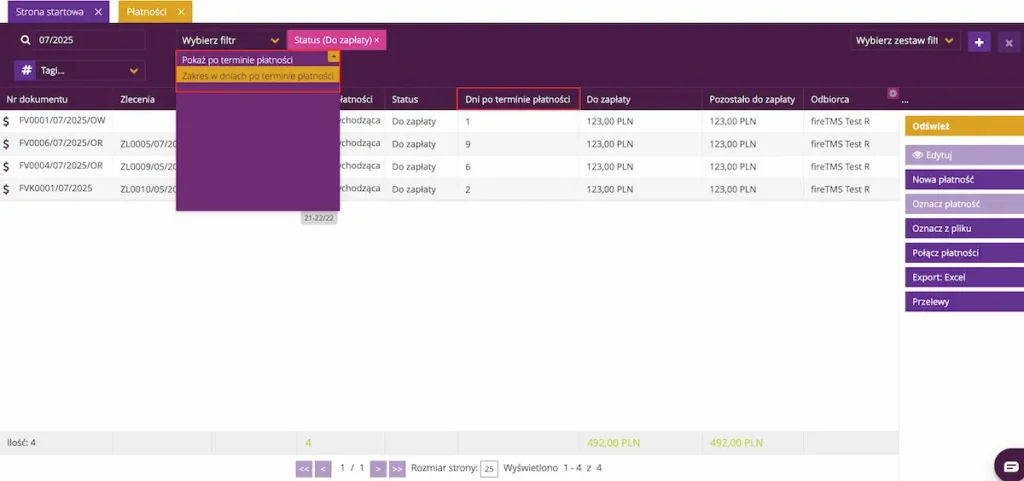 Zrzut ekranu z systemu fireTMS - nowy filtr