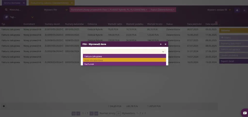 Zrzut ekranu z systemu fireTMS - filtr Typ dokumentu