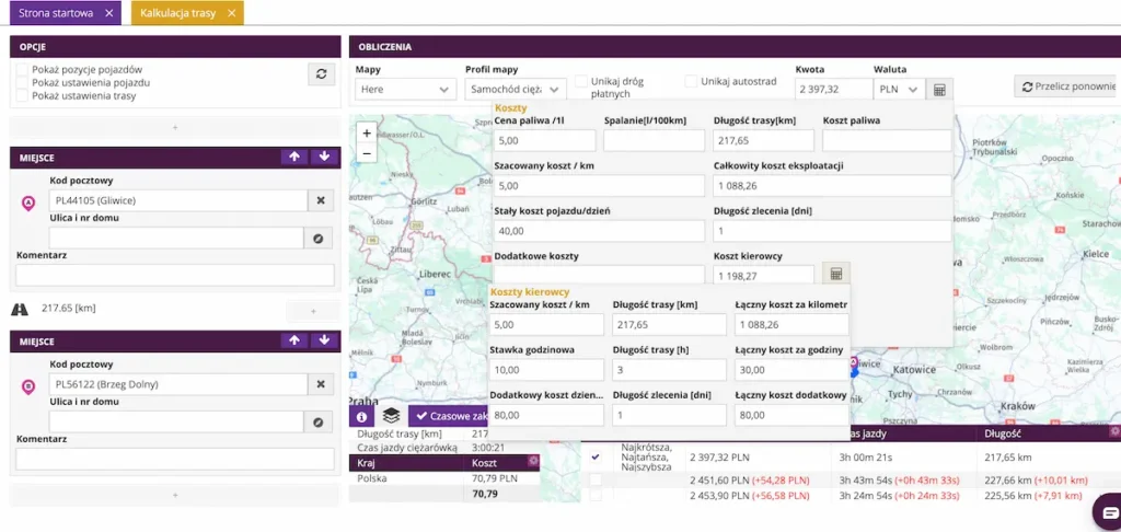 Zrzut ekranu z systemu fireTMS - widoczne koszty wyznaczanej trasy