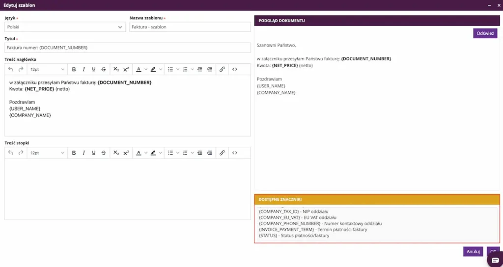 Zrzut ekranu z systemu fireTMS - widoczna konfiguracja placeholderów w e-mailach