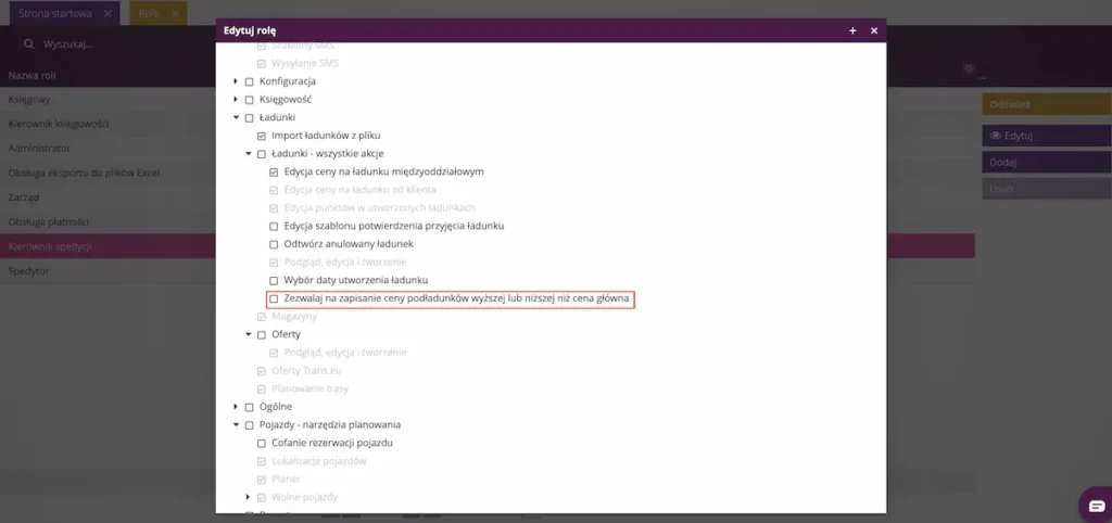 Zrzut ekranu z systemu fireTMS - widoczne kontrola cen podładunków