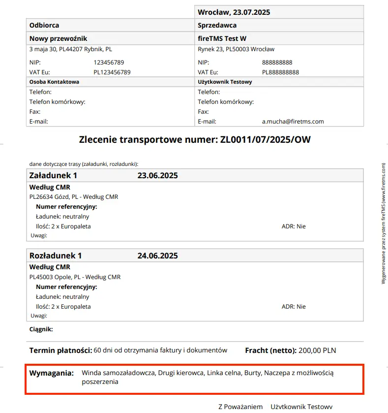 Zrzut ekranu z systemu fireTMS - wydruk zlecenia z zaznaczonymi wymaganiami przewozowymi