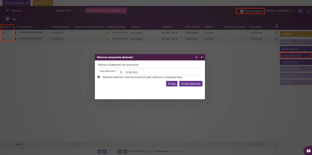 Zrzut ekranu z systemu fireTMS - masowe oznaczanie pozycji na liście płatności