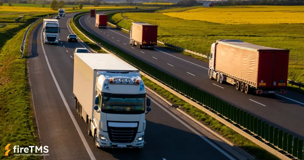 Samochody ciężarowe, jadące autostradą. Koszty transportu w dużej mierze wynikają ze zużycia paliwa, sprzętu oraz z wynagrodzeń dla kierowców