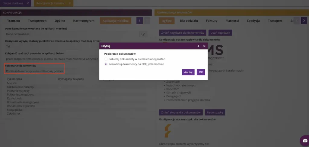 Zrzut ekranu z systemu fireTMS, przedstawiający opcję  konwersji dokumentów do formatu PDF