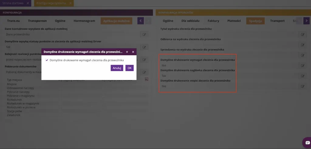 Zrzut ekranu z systemu fireTMS, przedstawiający opcję ustawienia domyślnego dodawania ważnych informacji o ładunku do wydruku zlecenia
