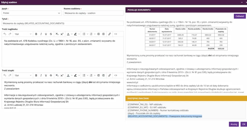 Zrzut ekranu z systemu fireTMS, przedstawiający nowe placeholdery w szablonach wiadomości