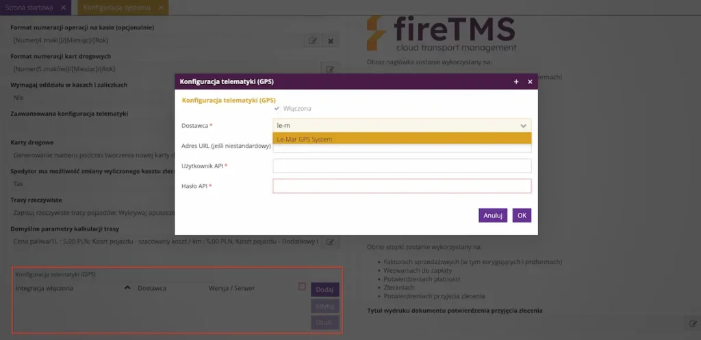 Zrzut ekranu z systemu fireTMS, przedstawiający nowe integracje z dostawcami telematyk GPS