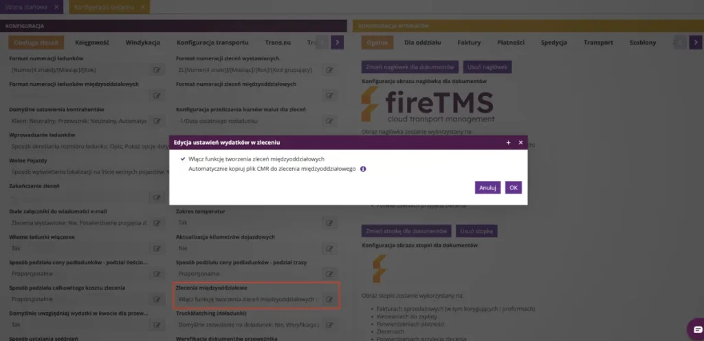 Zrzut ekranu z systemu fireTMS: automatyczne kopiowanie CMR do zlecenia międzyoddziałowego