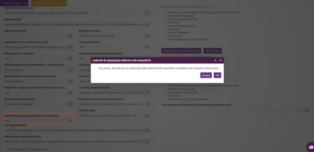 Zrzut ekranu z systemu fireTMS: widoczność ładunków do dyspozycji w całej firmie