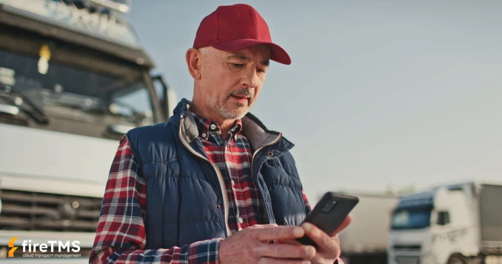 LKW-Fahrer, der Transportinformationen über die mobile App fireTMS Driver überprüft.