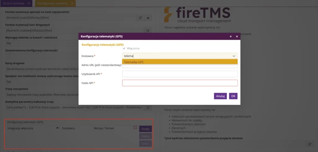 Zrzut z ekranu fireTMS: ustawienie konfiguracyjne w systemie dostawcy Telematika GPS