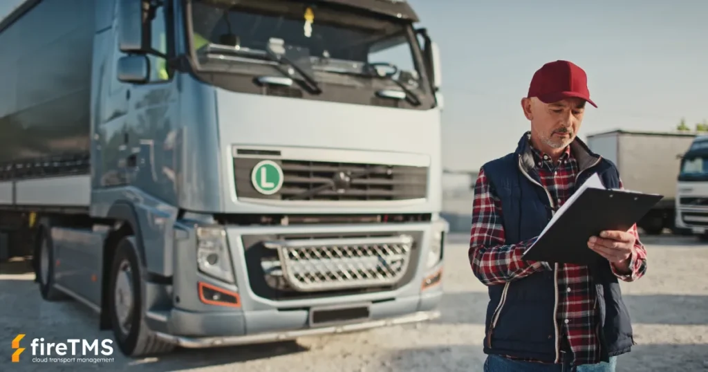 Kierowca samochodu ciężarowego z dokumentami transportowymi, które są załącznikami do faktury. Załączniki w tej formie nie będą akceptowane przez KSeF, ale można je przesłać klientowi za pomocą narzędzi przygotowanych w fireTMS