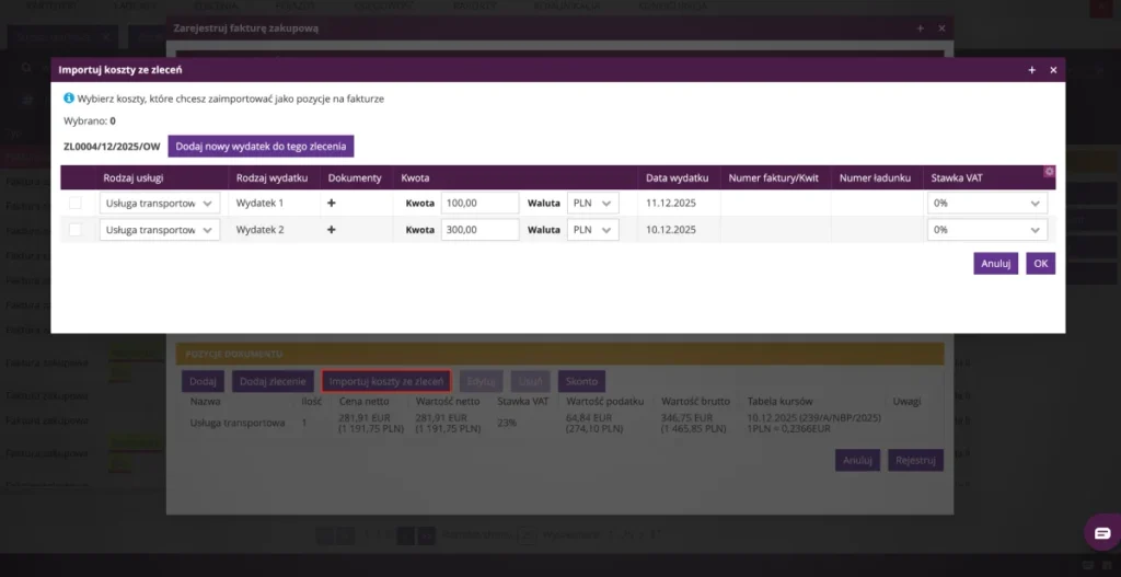 Zrzut ekranu z systemu fireTMS: import kosztów ze zleceń
