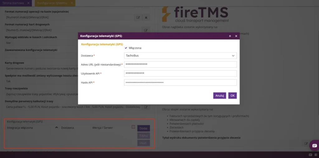 Zrzut ekranu z systemu fireTMS: integracja z dostawcą telematyki Tachobus