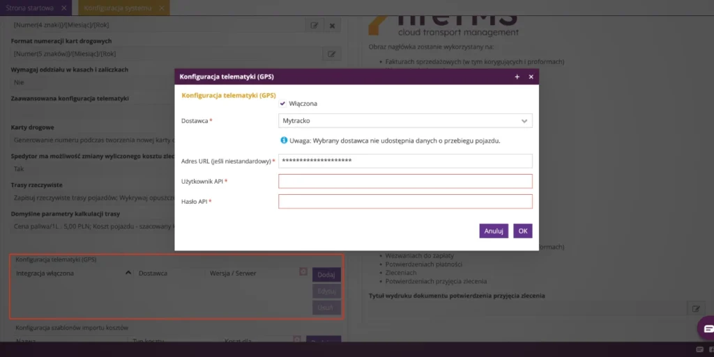 Zrzut ekranu z systemu fireTMS: integracja z GPS MYTRACKO