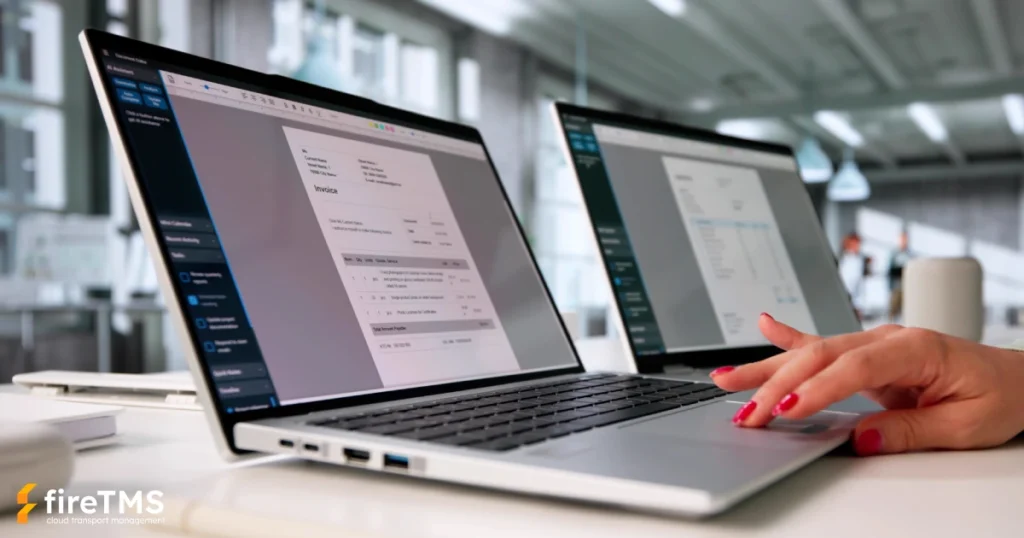Eine Frau, die im Büro Rechnungen in Form von PDF-Dateien am Computer prüft.