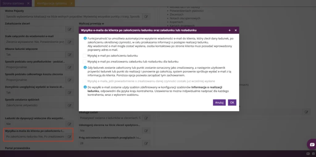 Zrzut ekranu systemu fireTMS, przedstawiająca konfigurację powiadomień o ładunkach