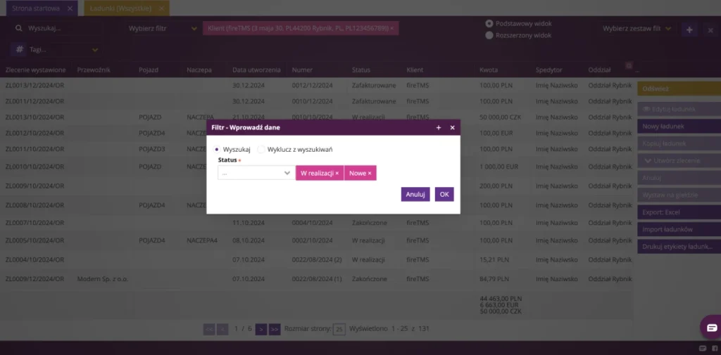 Zrzut ekranu systemu fireTMS, przedstawiająca nowy filtr w systemie 