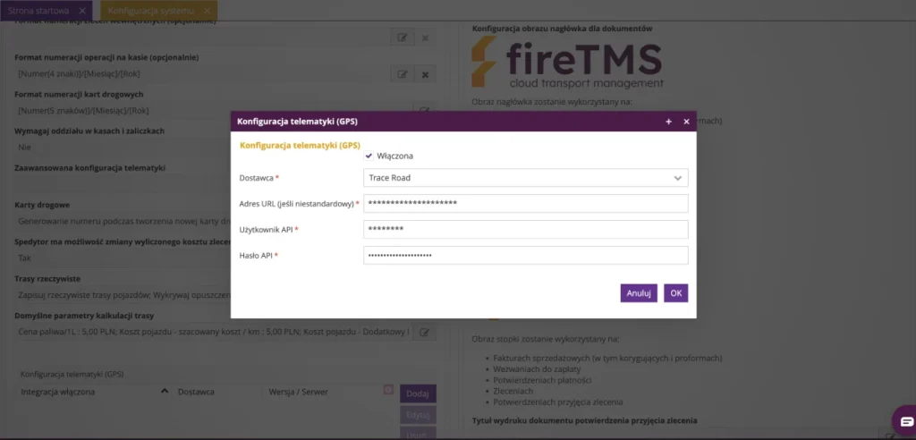 Zrzut ekranu systemu fireTMS, przedstawiająca nową integrację z dostawcą GPS