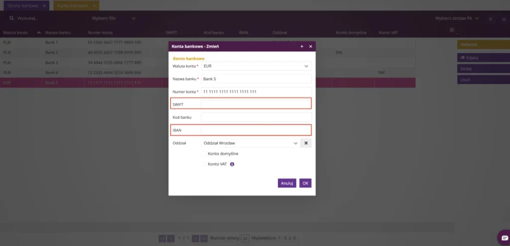 Zrzut ekranu z systemu fireTMS: uwzględnienie numeru IBAN i SWIFT przy eksporcie faktur do KSeF